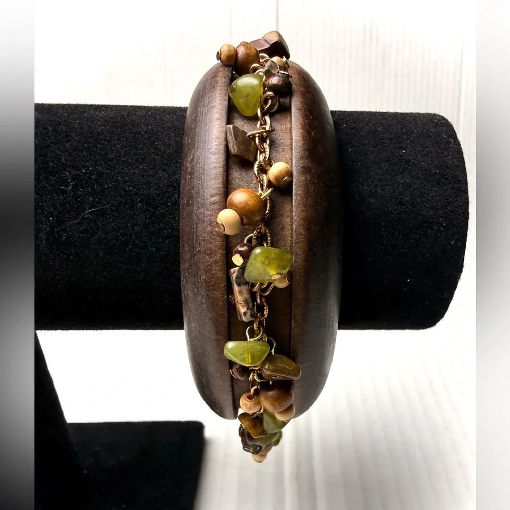 Wooden Bangle Bohemian Boho Beaded Chunky Bracelet Glass‎ Wood Nature Artisan